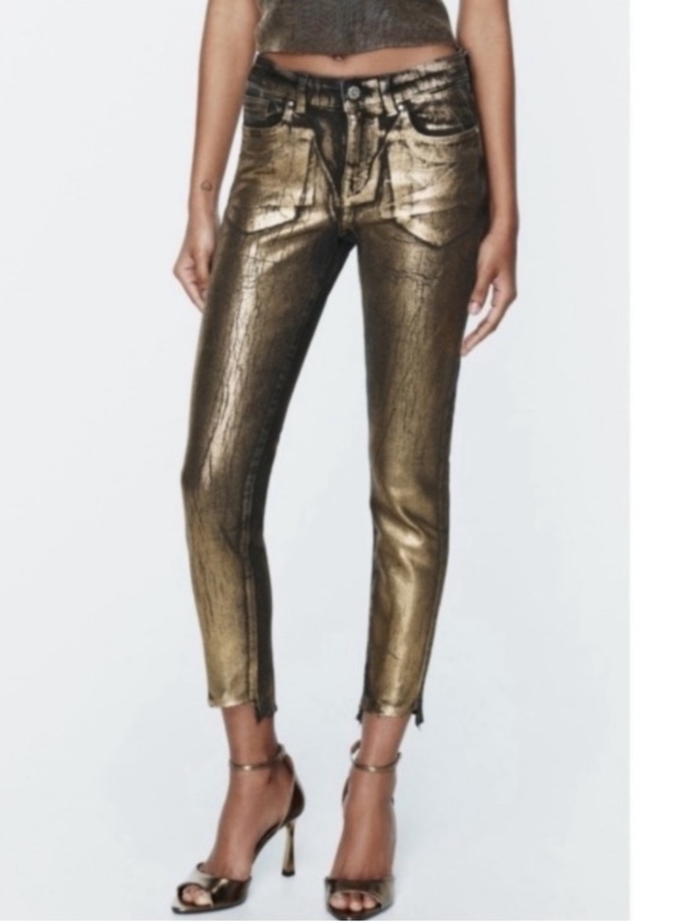 ZARA Gold Black Foil Metallic Coated Skinny Jeans